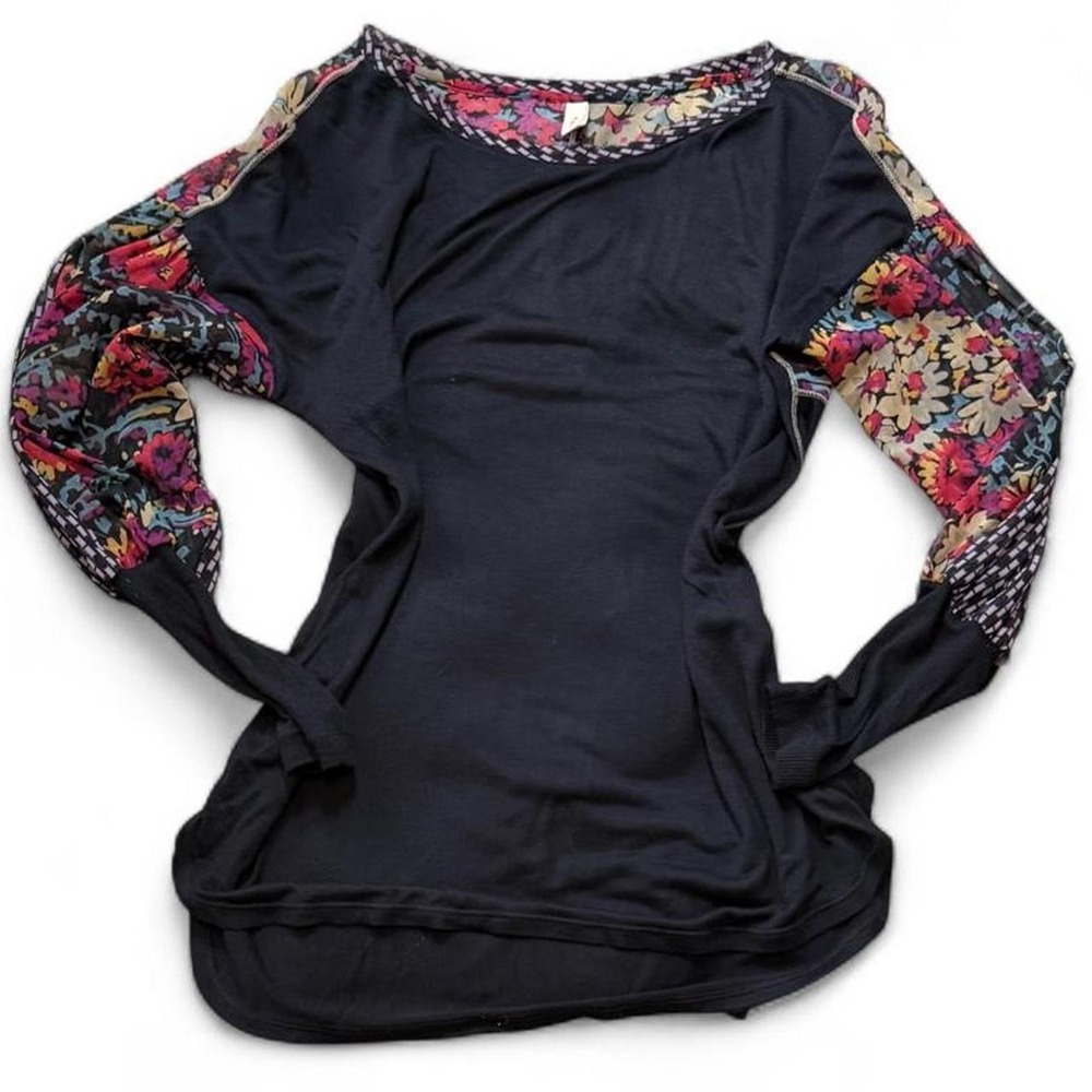 Tiny Anthropologie Black Mixed Media Floral Mesh Sleeve Top, Women's Size S